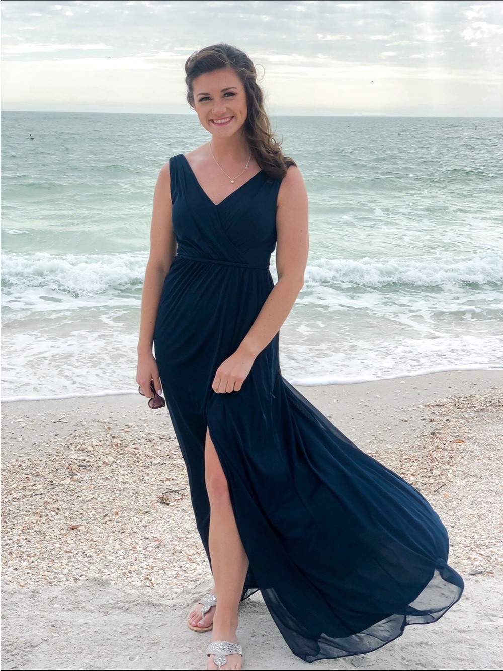 Azazie Navy Blue Sleeveless V-Neck Maxi Dress with Side Slit